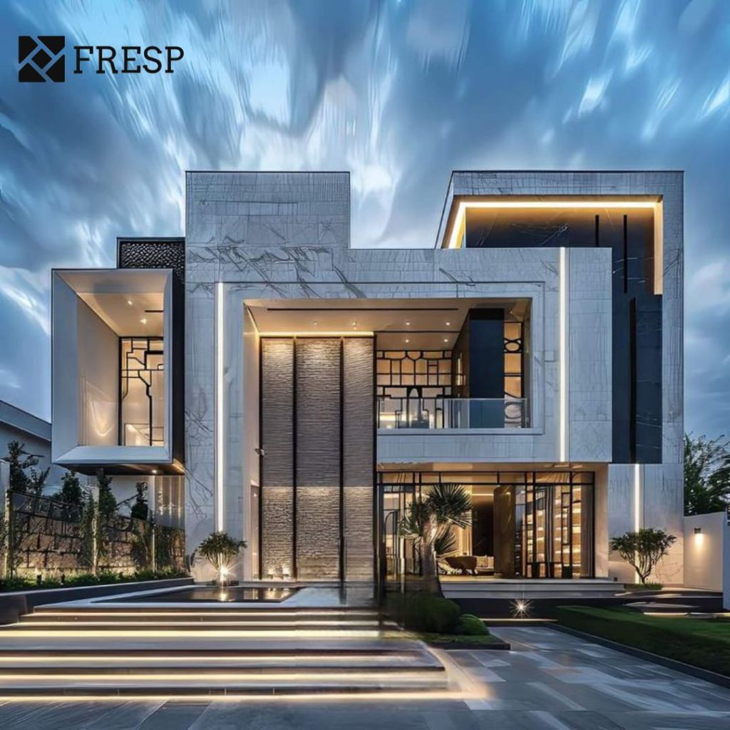 نما ترکیبی شیشه و سنگی طراحی شده ی یک ساختمان