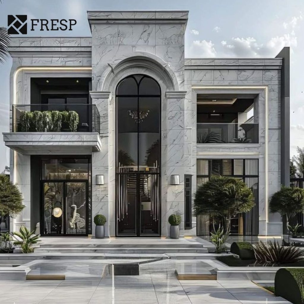 نما ترکیبی شیشه و سنگی طراحی شده ی یک ساختمان