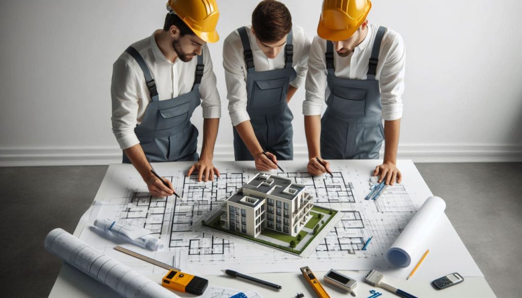 سه مهندس در حال طراحی نما ساختمان