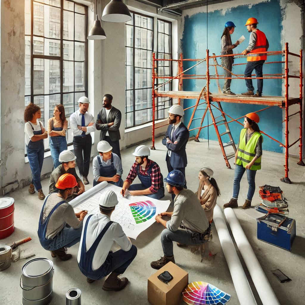 کارگران و مهندسان در حال اجرا پروژه ساختمانی