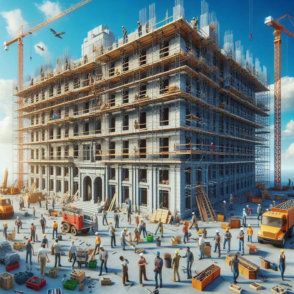 کارگران و مهندسان در حال اجرا پروژه ساختمانی