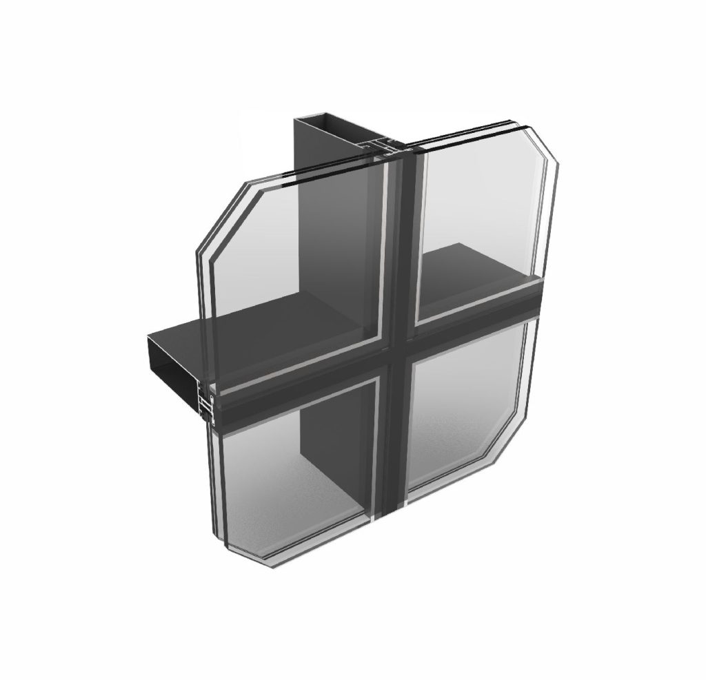 Section view and detail of curtain wall facade- U channel system